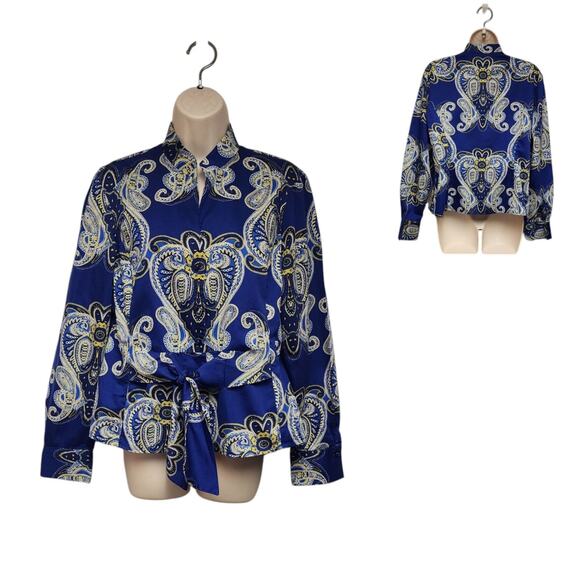 JONES NEW YORK COTTON PAISLEY TIE FRONT LONG SLEEVE SHIRT REG SIZE LARGE - Picture 1 of 10